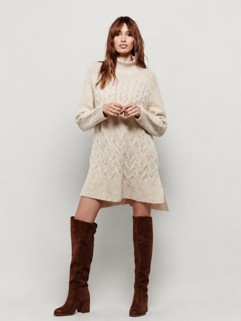 Free People Cream Cable Knit Turtleneck Tunic Sweater Dress XS